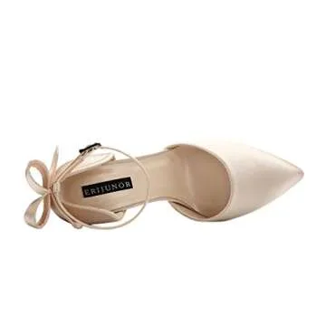 ERIJUNOR E1966A Women High Heel Bow Ankle Strap Evening Party Dance Wedding Satin Shoes Champagne Size 7