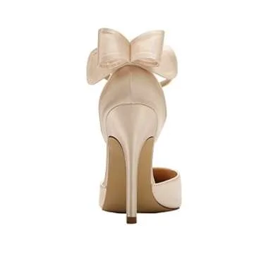 ERIJUNOR E1966A Women High Heel Bow Ankle Strap Evening Party Dance Wedding Satin Shoes Champagne Size 7