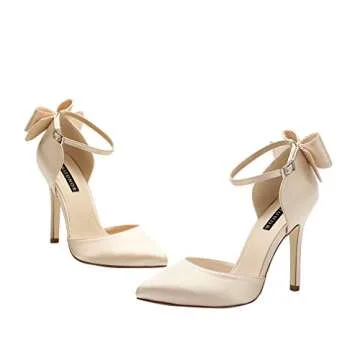 ERIJUNOR E1966A Women High Heel Bow Ankle Strap Evening Party Dance Wedding Satin Shoes Champagne Size 7