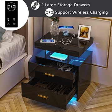 HNEBC LED Nightstand with Wireless Charging & USB Ports