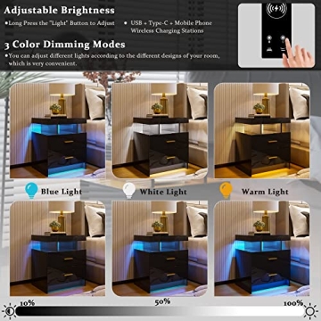 HNEBC LED Nightstand with Wireless Charging & USB Ports