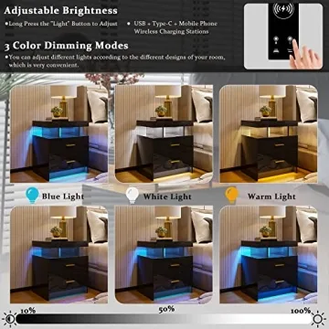 HNEBC LED Nightstand with Wireless Charging & USB Ports