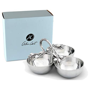 Arthur Court Sand-Cast Aluminum 3 Compartment Olive Pattern Condiment Serving Bowl 9 inch Diameter 4...