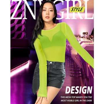 See Through Top for Women Crew Neck Mesh Tee T-Shirts Bodycon Stretchy Party Blouse(Neon Green,M)