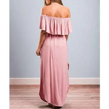 Othyroce Womens Maternity Off The Shoulder Dress Maxi Dress Casual Side Split Beach Pink Maxi Dresses Medium