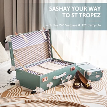 CO-Z Vintage Luggage Set, Hard Shell Suitcase with Spinner Wheels TSA Lock and Briefcase w Combination Lock, Large 24" Trunk Small 12" Train Case Leather Travel Bag Set for Women Men, Mineral Green