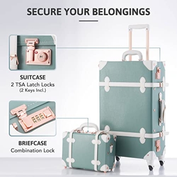 CO-Z Vintage Luggage Set, Hard Shell Suitcase with Spinner Wheels TSA Lock and Briefcase w Combination Lock, Large 24" Trunk Small 12" Train Case Leather Travel Bag Set for Women Men, Mineral Green
