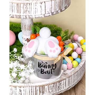 Easter Tiered Tray Decor Mini Metal Bucket with Bunny Butt and Faux Carrots Eggs Spring Rabbit Decor...