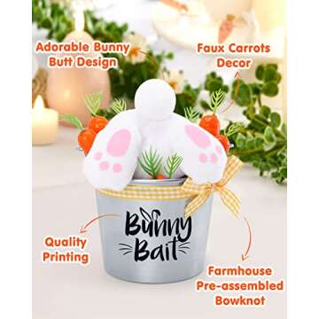 Easter Tiered Tray Decor Mini Metal Bucket with Bunny Butt and Faux Carrots Eggs Spring Rabbit Decorative Farmhouse Table Centerpiece Party Favors Home Decoration Easter Kitchen Decor Set of 1