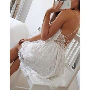 AOOKSMERY Women Summer V-Neck Spaghetti Straps Lace Backless Mini Party Club Beach Dresses (White, Small)