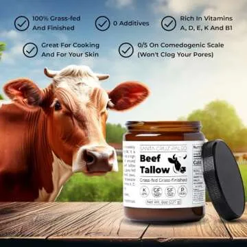 Santa Cruz Paleo Beef Tallow for Skin Care & Cooking, 100% Grass Fed and Finished, Gluten Free, Keto, Sugar Free, Paleo, Use as Lip Balm or Moisturizer, With Vitamin D, E, K, B1, A, Fatty Acids, 8 Oz
