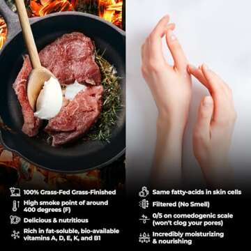 Santa Cruz Paleo Beef Tallow for Skin Care & Cooking, 100% Grass Fed and Finished, Gluten Free, Keto, Sugar Free, Paleo, Use as Lip Balm or Moisturizer, With Vitamin D, E, K, B1, A, Fatty Acids, 8 Oz