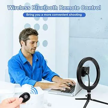 SEERESS Selfie Ring Light for Desk w/Bluetooth Remote & Tripod Stand & Phone Holder&USB, Dimmable LED Selfie Light with 3 Light Modes & 10 Brightness Level for Makeup/Live Stream/Video/Photography 10"