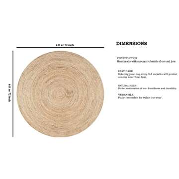 FRELISH DECOR Handwoven Jute Area Rug - 6 feet Round - Natural Yarn - Rustic Vintage Beige Braided R...