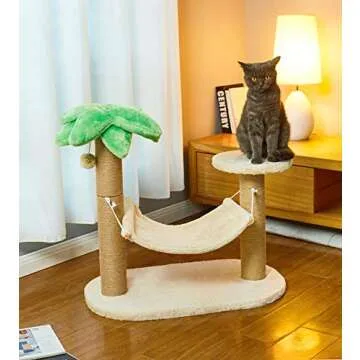 LUCKITTY Small Cat Scratching Posts Kitty Coconut Palm Tree for Cats and Kittens - Natural Jute Sisal Pole Scratcher (Post &Hammock)