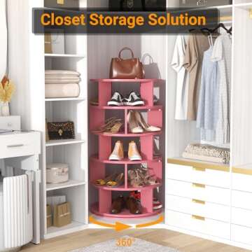 Aheaplus Rotating Shoe Rack, 5-Tier Wood Shoe Organizer for Closet, 360° Spinning Shoe Rack Tower Space-Saving Shoe Storage Shelf for Entryway, Garage, Bedroom, Pink