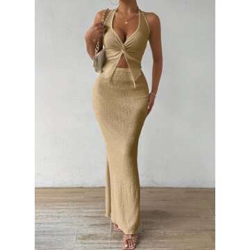 ASKHOPE Two Piece Skirt Outfits for Women Twist Halter Crop Top and Maxi Skirt Sets 2 Piece Summer V...
