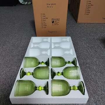 Taganov Green Drinking Glasses set of 6 Wine Goblets Vintage Colored Glassware 13 oz for Wedding Party Bar Vertical Line Embossed Pattern Stemmed Cups 400ml