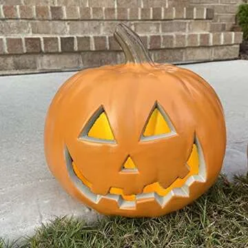 Halloween Pumpkin JackoLantern - Jack O Lantern Decorations for Halloween - Round Lightened Pumpkin for Front Porch, Party, Front Door, Fireplace Mantle Decorations, 9in Smile