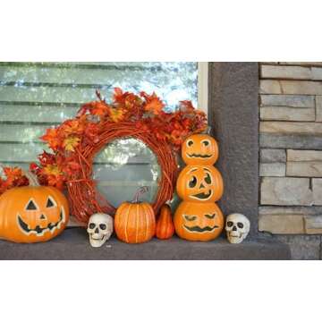 Halloween Pumpkin JackoLantern - Jack O Lantern Decorations for Halloween - Round Lightened Pumpkin for Front Porch, Party, Front Door, Fireplace Mantle Decorations, 9in Smile