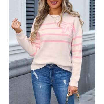 Sumleno Womens Cute Bow Striped Sweater Crewneck Long Sleeve Knit Sweatshirt Top Warm Soft Winter Y2...