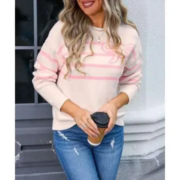 Sumleno Womens Cute Bow Striped Sweater Crewneck Long Sleeve Knit Sweatshirt Top Warm Soft Winter Y2k Aesthetic Pullover (S,Pink)