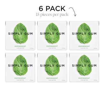 Simply Gum | Peppermint | Plant- Based Chewing Gum | Pack of Six (90 Pieces Total) | Synthetic Plastic Free + Aspartame Free + non GMO
