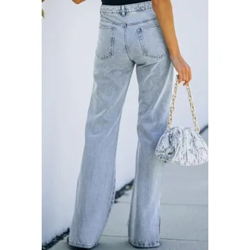 Sidefeel Women Mid Rise Flare Jeans Wide Leg Slit Ankle Casual Denim Pants XL Sky Blue 16