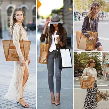 AURUZA Beach Mesh Tote Bag, Casual Tote Bag Hobo for Women Foldable 23L Shoulder Handbag Bag Pool Sw...