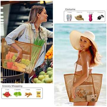 AURUZA Beach Mesh Tote Bag, Casual Tote Bag Hobo for Women Foldable 23L Shoulder Handbag Bag Pool Swimming Bag Accessories