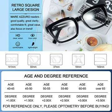 MARE AZZURO Retro Square Reading Glasses Men Large Readers 1.0 1.25 1.5 1.75 2.0 2.25 2.5 2.75 3.0 3.5 4.0 5.0 6.0 (Black, 2.00)