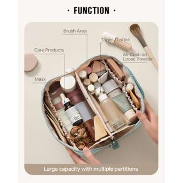 EACHY Travel Makeup Bag, Large Capacity Cosmetic Bags for Women, Waterproof Portable Pouch Open Flat Toiletry Bag Pattern Makeup Bag (F-Green)