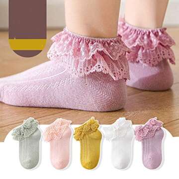 Guozyun Baby Girls Cotton Lace Socks Toddlers Ankle Sock Frilly Princess Socks for Newborn Infant Kids (3-5 Years, （ 1Pairs White，2Pairs pink，1Pairs purple，1Pairs light green，,1Pairs yellow）)