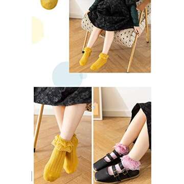 Guozyun Baby Girls Cotton Lace Socks Toddlers Ankle Sock Frilly Princess Socks for Newborn Infant Kids (3-5 Years, （ 1Pairs White，2Pairs pink，1Pairs purple，1Pairs light green，,1Pairs yellow）)