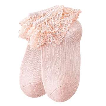 Guozyun Baby Girls Cotton Lace Socks Toddlers Ankle Sock Frilly Princess Socks for Newborn Infant Kids (3-5 Years, （ 1Pairs White，2Pairs pink，1Pairs purple，1Pairs light green，,1Pairs yellow）)