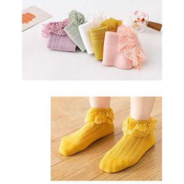 Guozyun Baby Girls Cotton Lace Socks Toddlers Ankle Sock Frilly Princess Socks for Newborn Infant Kids (3-5 Years, （ 1Pairs White，2Pairs pink，1Pairs purple，1Pairs light green，,1Pairs yellow）)