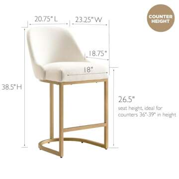 Leick Home 10132GD/WT Barrelback Counter Stool with Metal Base, Set of 2, for Kitchen Counters and Islands, Modern White Linen Seat and Gold Metal Base