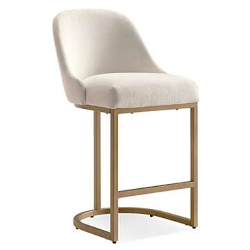 Leick Home 10132GD/WT Barrelback Counter Stool with Metal Base, Set of 2, for Kitchen Counters and Islands, Modern White Linen Seat and Gold Metal Base