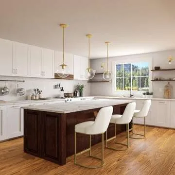 Leick Home 10132GD/WT Barrelback Counter Stool with Metal Base, Set of 2, for Kitchen Counters and Islands, Modern White Linen Seat and Gold Metal Base