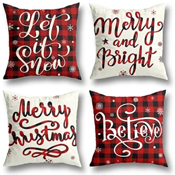 Christmas Decorations Buffalo Plaid Pillow Covers 18x18 Set of 4 - Cozy Indoor Holiday Decor