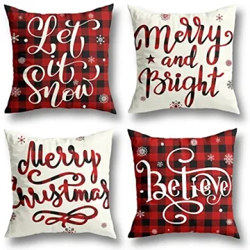 Christmas Decorations Buffalo Plaid Pillow Covers 18x18 Set of 4 - Cozy Indoor Holiday Decor