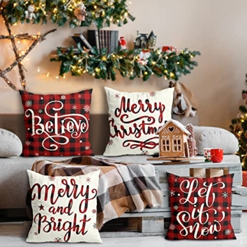 Christmas Pillow Covers Set of 4 Red Buffalo Plaid