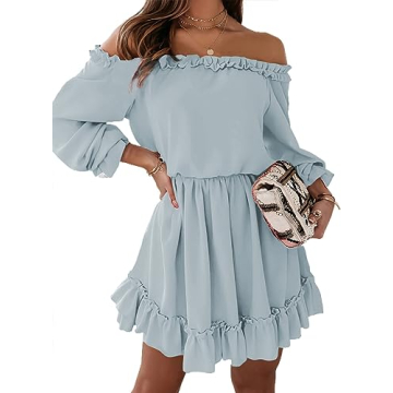 Dokotoo Spring Dresses for Women Fashion 2024 Ruffle Sexy Elegant Off Shoulder Long Sleeve Elastic W...