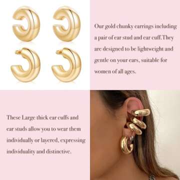 Poxtex 4PCS Chunky Gold Ear Cuffs Hoops Earrings For Women Trendy 14K Gold Filled Thick Lightweight ...