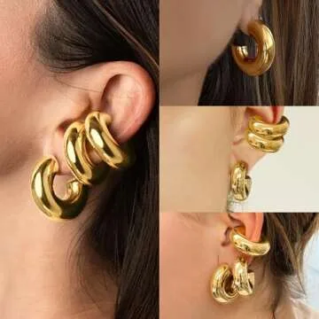 Poxtex 4PCS Chunky Gold Ear Cuffs Hoops Earrings For Women Trendy 14K Gold Filled Thick Lightweight Open Hoop Earrings For Women Non Piercing Large Clip On Cartilage Non Tarnish Jewelry Gift