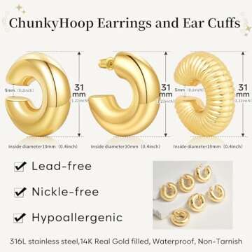 Poxtex 4PCS Chunky Gold Ear Cuffs Hoops Earrings For Women Trendy 14K Gold Filled Thick Lightweight Open Hoop Earrings For Women Non Piercing Large Clip On Cartilage Non Tarnish Jewelry Gift
