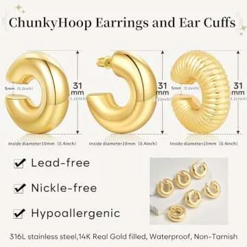 Poxtex 4PCS Chunky Gold Ear Cuffs Hoops Earrings For Women Trendy 14K Gold Filled Thick Lightweight Open Hoop Earrings For Women Non Piercing Large Clip On Cartilage Non Tarnish Jewelry Gift
