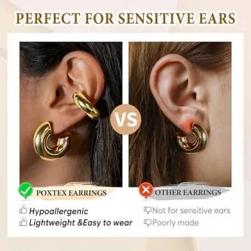 Poxtex 4PCS Chunky Gold Ear Cuffs Hoops Earrings For Women Trendy 14K Gold Filled Thick Lightweight Open Hoop Earrings For Women Non Piercing Large Clip On Cartilage Non Tarnish Jewelry Gift