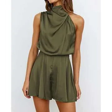 BTFBM Womens Mock Neck Summer Romper 2025 Casual Beach Outfits Satin Sleeveless Elastic Waist One Piece Shorts Jumpsuits(Solid Army Green, Small)