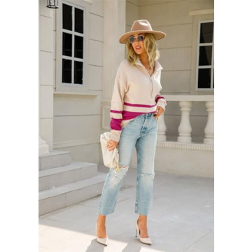 Melliflo Women Half Zip Long Sleeve V NecR Color Block Pullover Sweaters Fall Winter Casual Ladies Sweaters Pullovers Tops